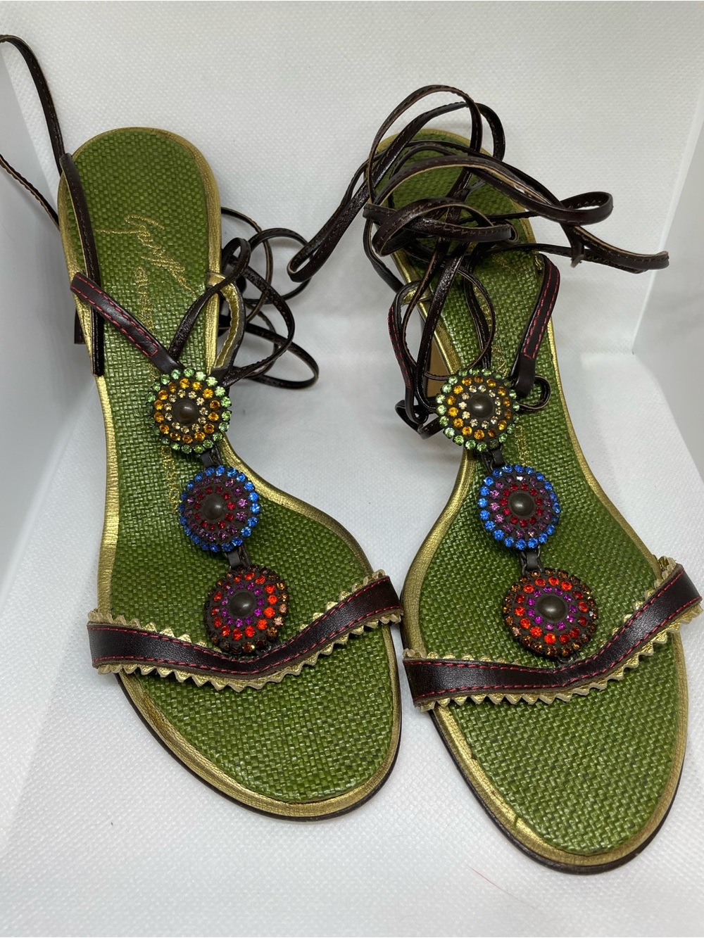 Giuseppe Zanotti Multicolor Jeweled Strappy Lace-Up Sandals with Green Insole